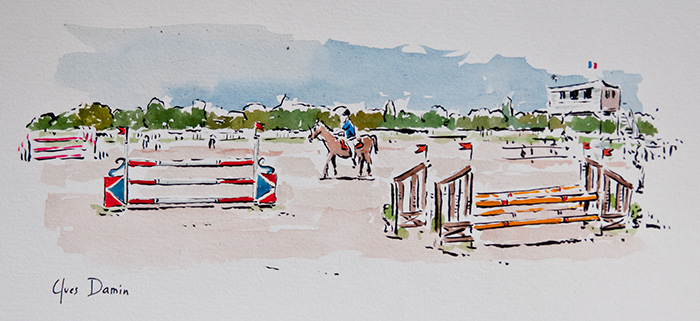 tableau chevaux de saut d'obstacle, aquarelle de Maisons-Laffitte par Yves Damin