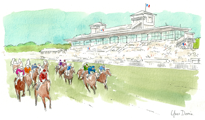 aquarelle de l'hippodrome de Chantilly