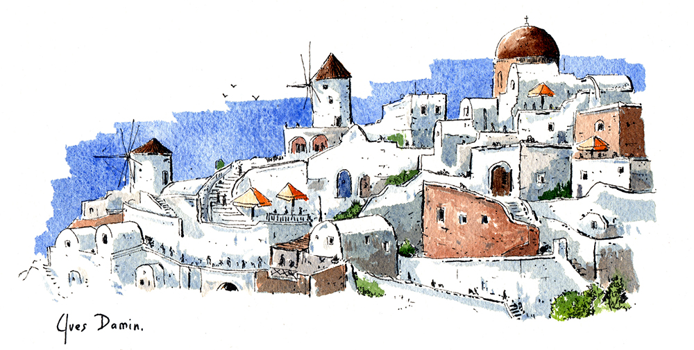 Oia, Santorin, Grèce aquarelle originale