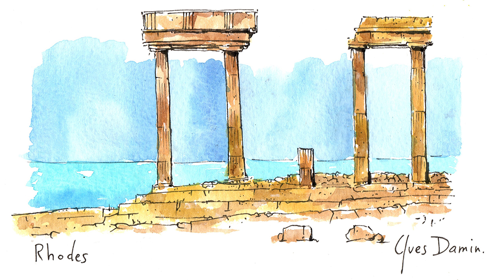 île de Rhodes en Grèce, aquarelle sur papier